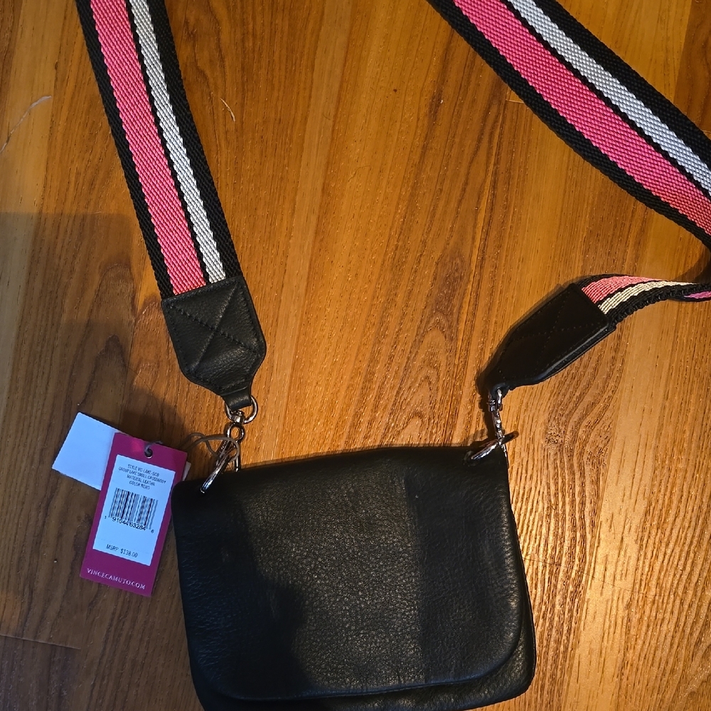 Women’s Vince Camuto Black Crossbody Bag with Pink Stripe Adjustable Strap